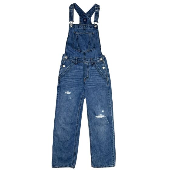 GAP Girl’s 12 Denim Bib Overalls Loose Fit Distressed - Picture 1 of 6